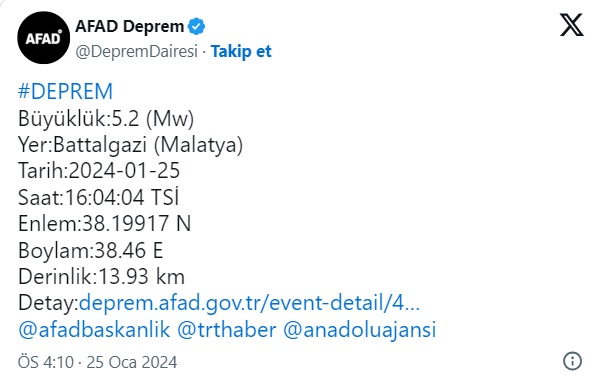 Malatya ve çevresinde 5.2 büyüklüğünde deprem!